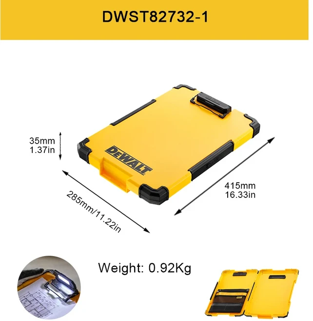 DEWALT DWST82732-1 TSTAK 클립보드 정리함 LED 조명 내부 파우치 금속 클립 휴대용 폴더 파일 보드 수공구, 01 (DWST82732--1), 01 빠른  Mainland
