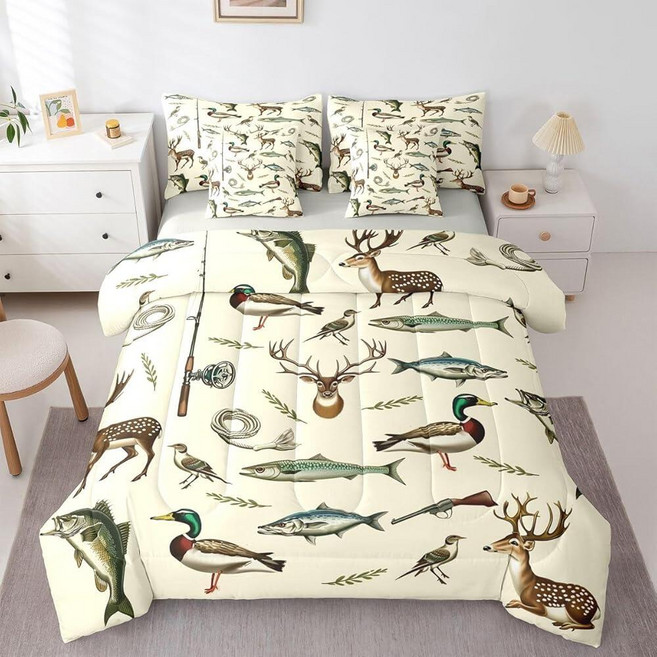Feelyou Hunting and Fishing Comforter Set with Sheets 7 Piece Twin Size Deer Hunting Bed in a Bag