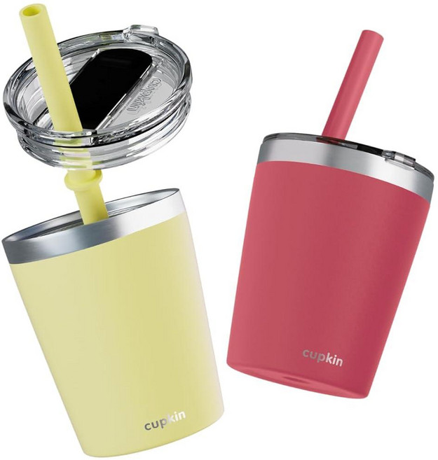 CUPKIN 아동용 컵 - 오리지널 226.8g(8온스) 쌓을 수 있는 스테인리스 스틸 아동용 컵 - 파우더 코팅 단열 빨대 컵 2개 세트 1세 이상 유아용 + BPA 프리 뚜, Coral & Yellow