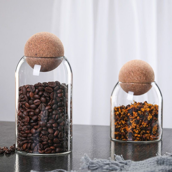 玻璃瓶密封罐 咖啡豆收納盒 廚房雜糧儲物罐 軟木塞茶葉罐, 1個, 球蓋兩件套（20+25cm）