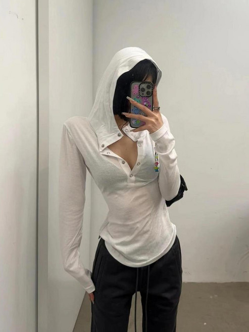 하젤 슬럽 슬림핏 시스루 후드 티셔츠_S4531