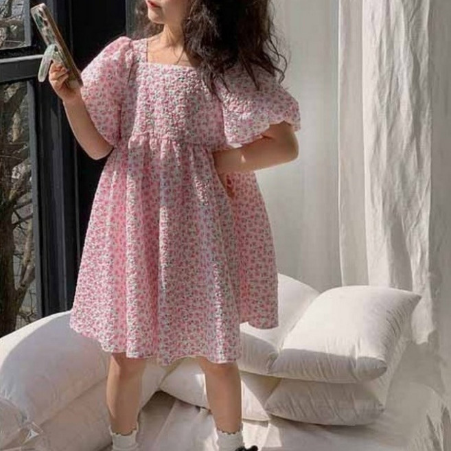 구빠방 아동 플라워 잔꽃 백리본 반팔 퍼프 볼륨 원피스