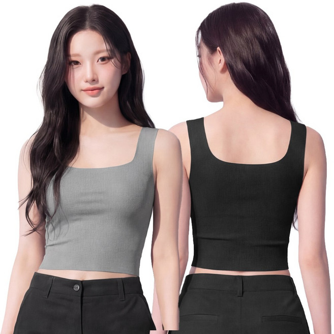 라뷰드 2개 세트 부유방 커버 캡내장 스퀘어넥 크롭 나시 여성 무봉제 골지 나시티 사계절 슬림핏 심리스 민소매 이너 상의 탈부착 패드 0.7cm