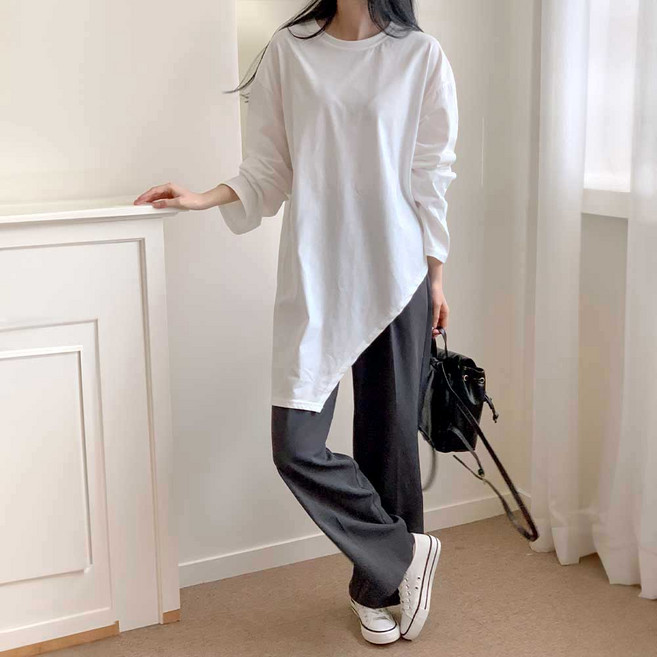 소비르 여성 무지 언발란스 오버핏 긴팔 티셔츠