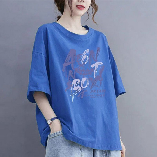 용태원여성여름 빅 사이즈 순면 티 반팔 박시 라운드 톱