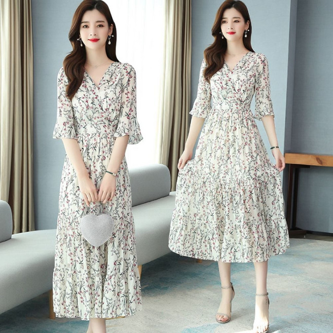 휴양지원피스 스모크원피스 여성 여름 쉬폰 롱원피스 반팔원피스 바캉스룩_woc_2604