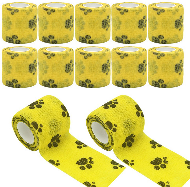 이지유 애견 자가점착 붕대 신발 강아지 일회용 산책 양말, 12개, 발자국 옐로우