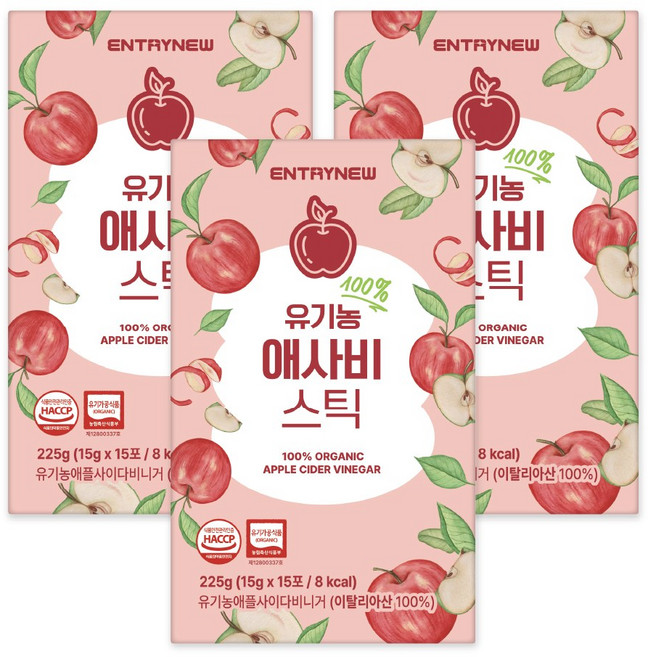 엔트리뉴 100% 유기농 애사비 스틱 애플사이다비니거, 3박스, 225g