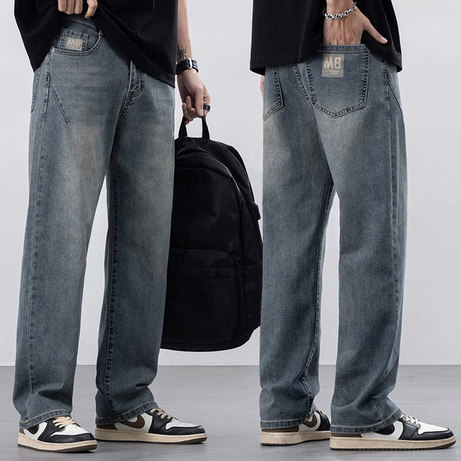wassup 남자 청바지 봄여름용 일자핏 통청 캐주얼 와이드 청바지 빅싸이즈