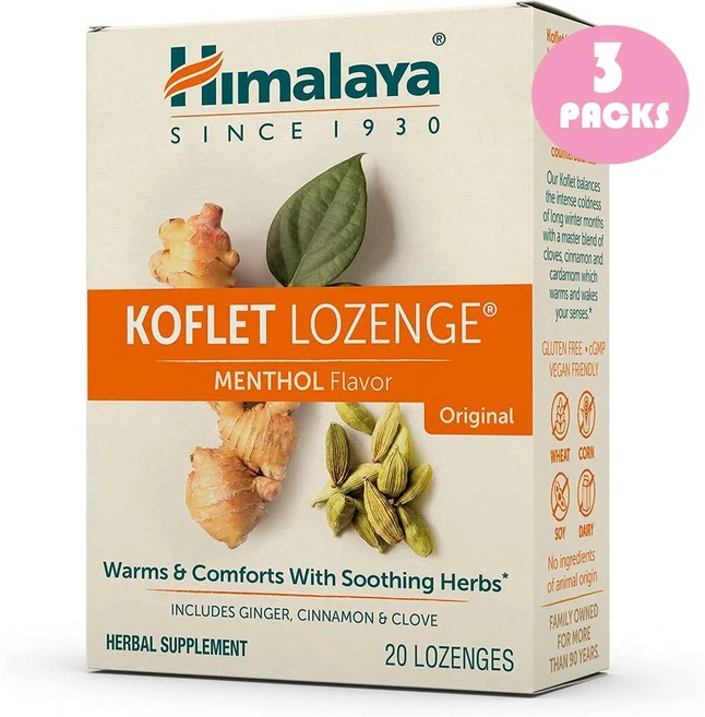 Himalaya Koflet Lozenges Original 히말라야 코플렛 로젠지 생강 & 시나몬 함유 멘톨향 개별포장 20개입 3팩, 20정, 3개 - 쿠팡