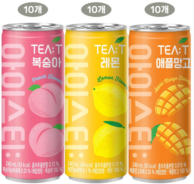 TEA:T 아이스티 3종세트(복숭아+애플망고+레몬), 30개, 240ml