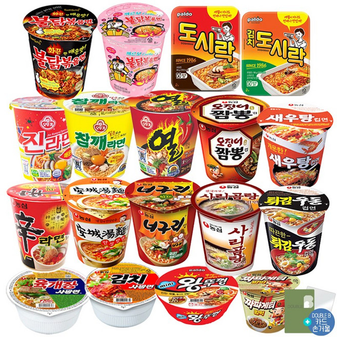 더블비 컵라면 18종 (육사발+김치사발+신+범벅+안성+너구리+오짬+튀김+새우+사리+진매+열+참깨+불닭+까르보+도시락+김치도시락+미니왕)+더블비카드거울, 2세트