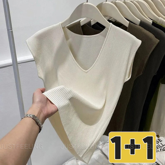 1+1 브이넥 나시티 봄 여름 민소매 티셔츠 빅사이즈 이너나시 여성티 JUSTFEELING