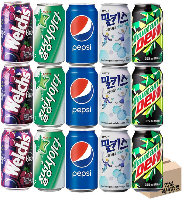 뚱캔 5종 15입 세트 ( 웰치스 포도 3 칠성 사이다 3 펩시 콜라 3 롯데 밀키스 마운틴듀 3 ) 음료 세트, 15개, 355ml