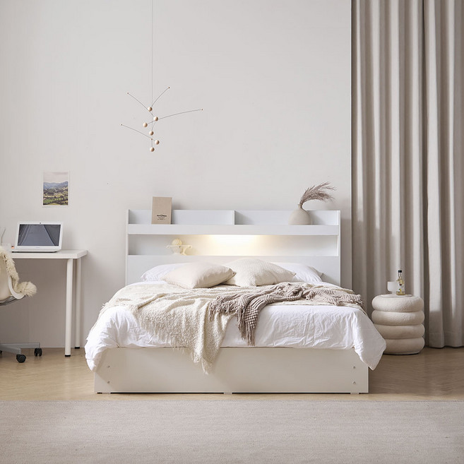 [베디스] 시엘 LED조명 서랍형 수납식 호텔식 침대 프레임 숨결애 독립 포켓 스프링 라텍스 매트리스 침대 세트, 화이트