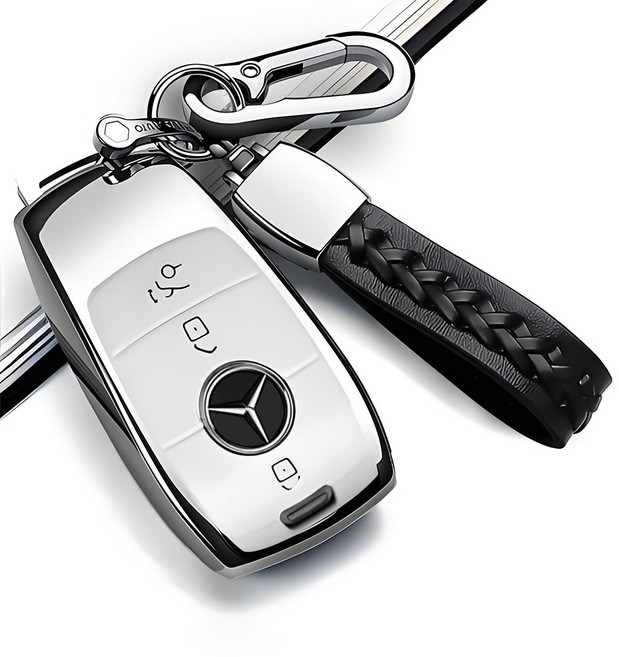 MODACE 벤츠 호환 자동차 스마트키 케이스 TPU Benz 키홀더 + 가죽 메탈 키링, 와 마름모 키링, 실버 화이트