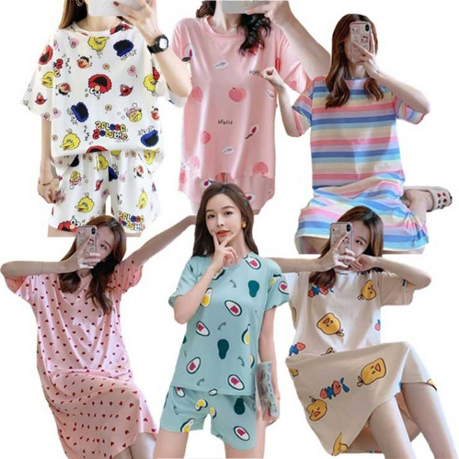 여성 여자 2022 여름 반팔 잠옷 원피스 캐릭터 파자마 홈웨어Ru