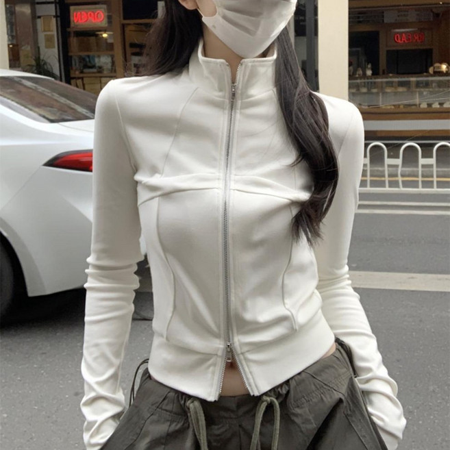 cammello 쫀쫀 하이넥 투웨이 집업 크롭티 여성 긴팔 티셔츠 크롭 긴팔티