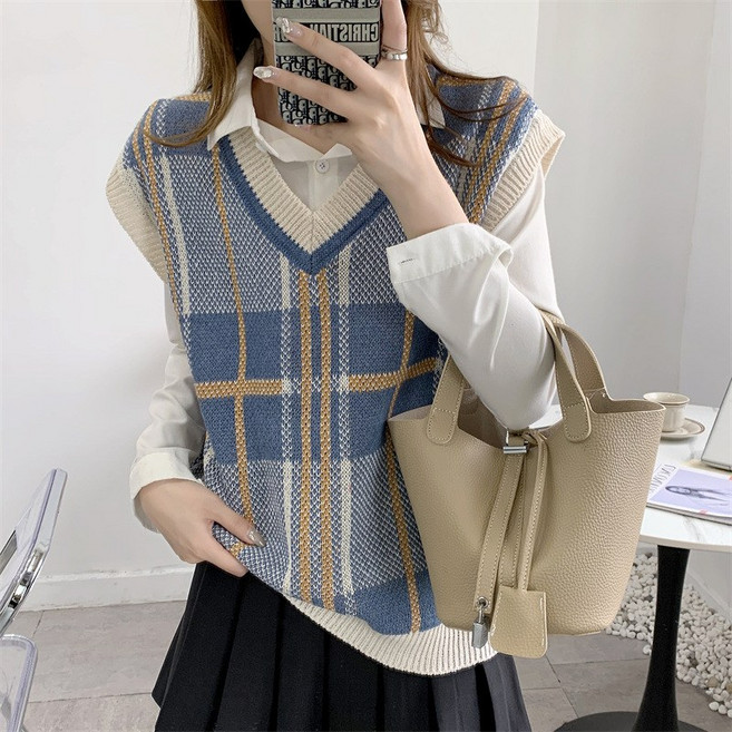 한풍 시크 빈티지 체크 브이넥 니트 조끼 레이어드 니트 조끼 루즈핏 레깅스녀