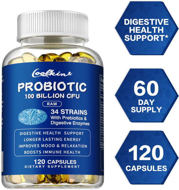 프로바이오틱스 1000억 CFU - 프리바이오틱스 소화 효소 - 기분 전환 소화 지원, 2개, 120정