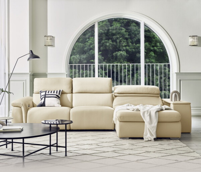 [다우닝] 시네마 4인 카우치 전동 리클라이너 전체 천연가죽 소파(한방향), 색상:미드그레이 / 방향:우형