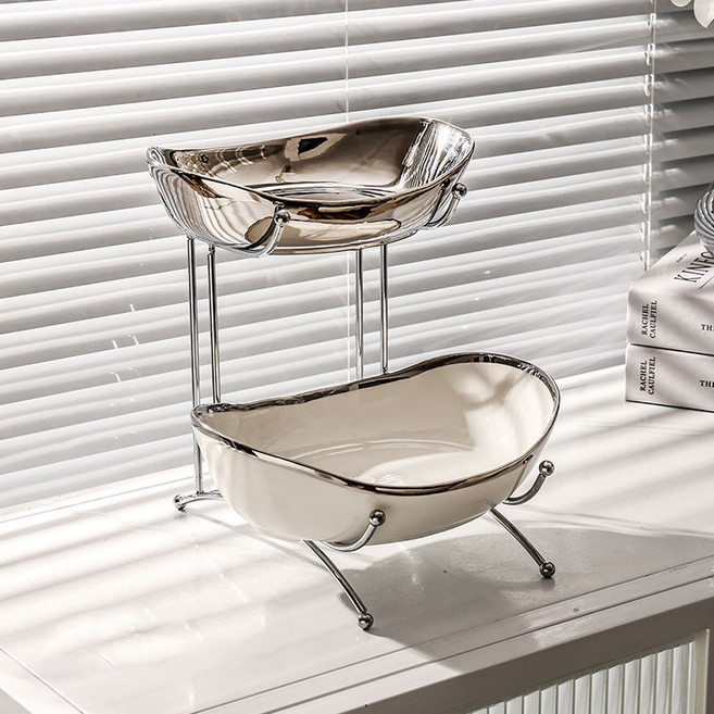 대성 디저트 트레이 과일 케이크 다과 접시 세라믹 도자기, 2단A, 1세트