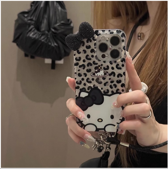 럭셔리 키티 블랙 다이아 리본 아이폰 케이스 반짝이 귀여움