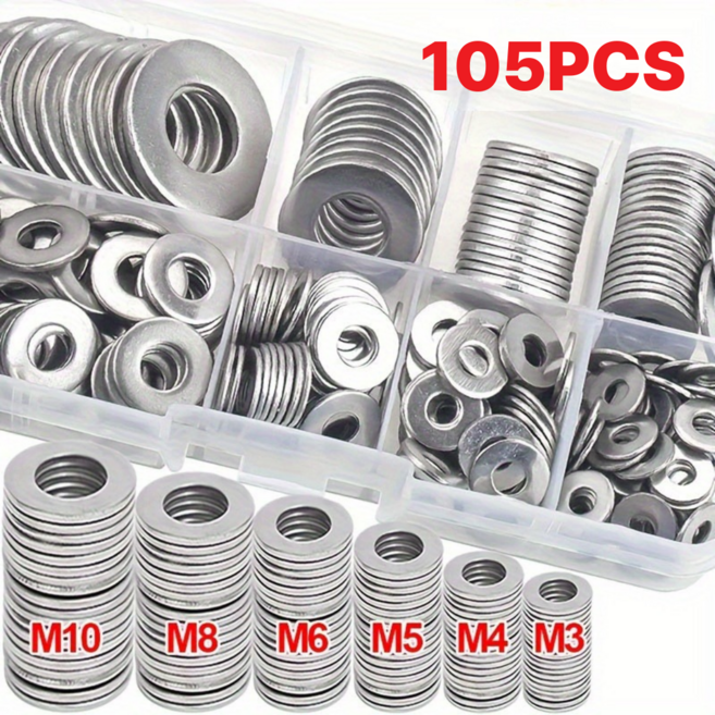 내식성 강화 볼트너트용 스테인리스 평와셔 6종 105P 세트, 1세트