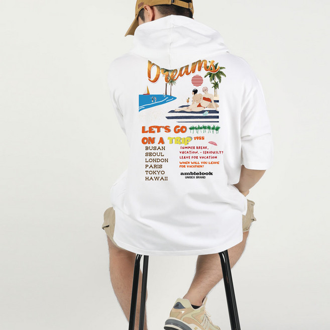 엠블룩 반팔 후드티 BEACH1988 남성 여성 빅사이즈 면스판 프린팅 단체 커플 티셔츠