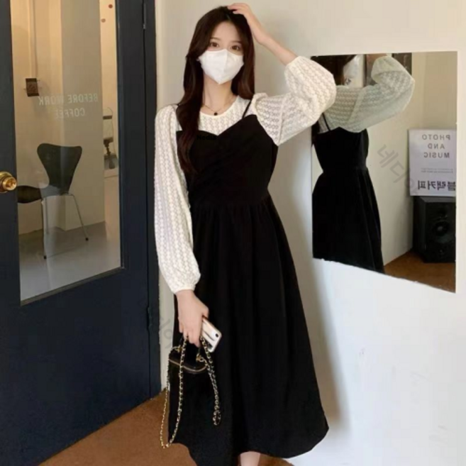 네디아 긴팔 슬림 페이크 투피스 미디 원피스 스몰부터 빅사이즈까지 레이스 드레스