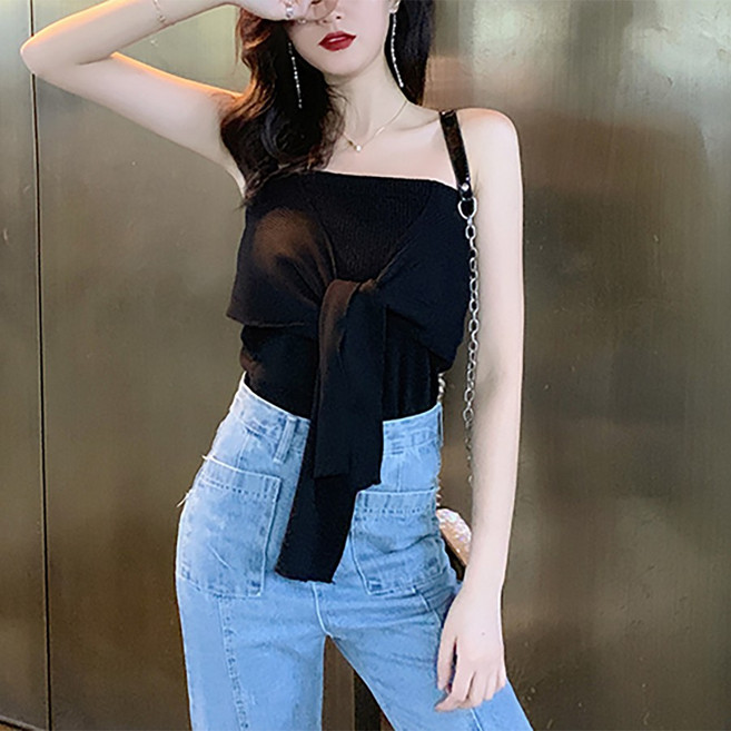 【崔可小姐】個性綁帶抹胸針織一字平口背心【HE0017】