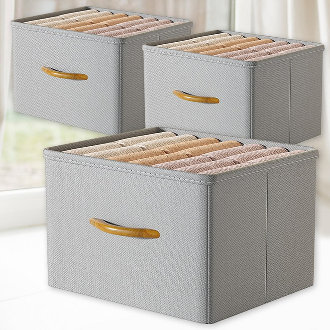 디모어 각잡힌 우드손잡이 다용도 패브릭 옷 정리 수납박스, 3개, 그레이, 특대형