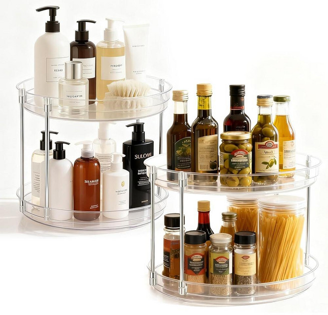 2팩 2단 투명 Lazy Susan 턴테이블 오거나이저 주방 캐비닛용 24.1cm 9.5인치 회전 향신료 랙 욕실 화장대용 조리대 트레이 메이크업 향수 주얼리 정리 260888, 1