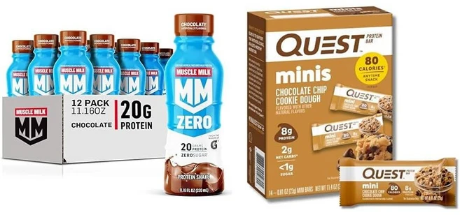 Muscle Milk 머슬밀크 제로 프로틴 쉐이크 초콜릿 330ml 12개+퀘스트 뉴트리션 프로틴칩, 14개, 23g - 쿠팡