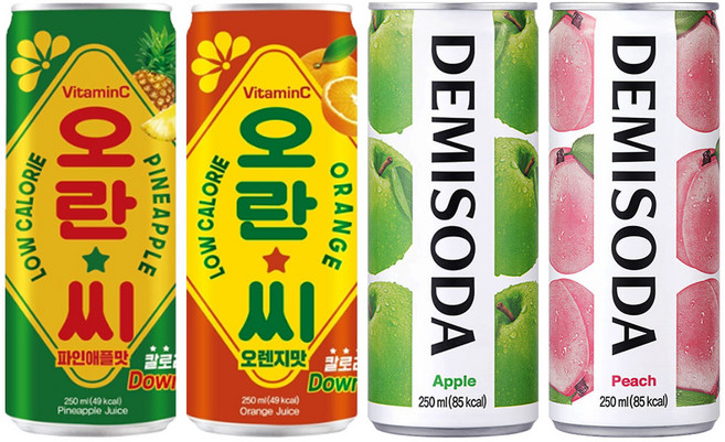 [중앙몰] 동아 탄산 혼합세트 60캔 (데미소다 사과+복숭아 + 오란씨 파인애플+오렌지)+메세지스티커, 250ml