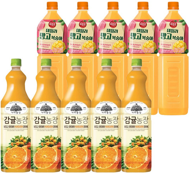 웅진 가야농장 감귤주스 + 해태htb 과일촌 데일리 망고복숭아 주스 (1.5 PET 혼합 각각 5개씩), 10개, 1.5L
