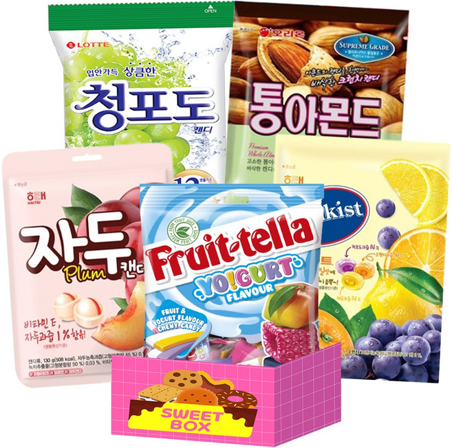 과일맛 사탕 크라운 통아몬드 90g 롯데 청포도캔디 153g 해태 자두캔디 130g 해태 썬키스트125g 후르트텔라100g, 1개
