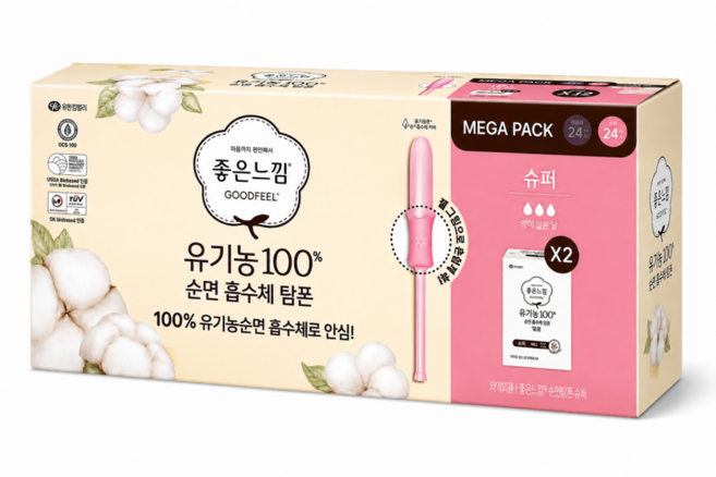 좋은느낌 유기농 순면 탐폰 12개 x4팩 (48개입) 레귤러+슈퍼/ 슈퍼, 48매, 슈퍼, 1박스, 슈퍼