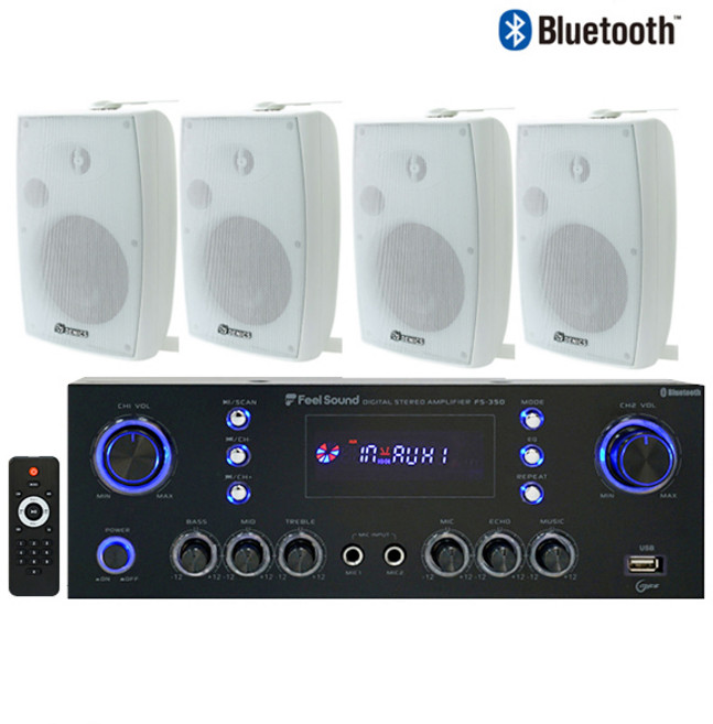 300W 스테레오앰프+스피커세트 FM라디오 USB 블루투스 방송 업소 매장용 FS350DY520, 화이트, 앰프+스피커4개