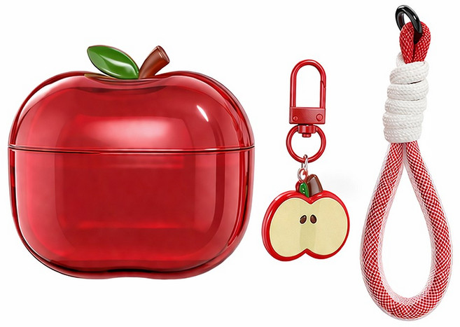 사과 에어팟 케이스 반투명 키링 스트랩 포함, 레드, 에어팟 프로 1/2세대 공용