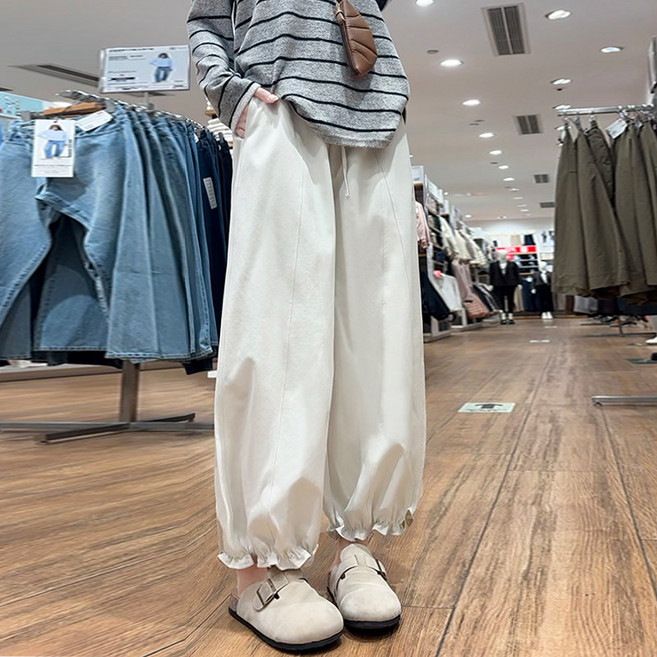 무니유유 데일리 9부 프릴 면 키작녀 와이드 통 밴딩 팬츠