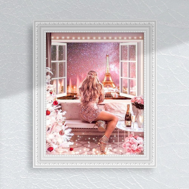 겨울 에펠탑 창가의 소녀 인물화 크리스마스 눈 DIY 그림그리기 명화 인테리어액자 유화세트, 1개, 단품