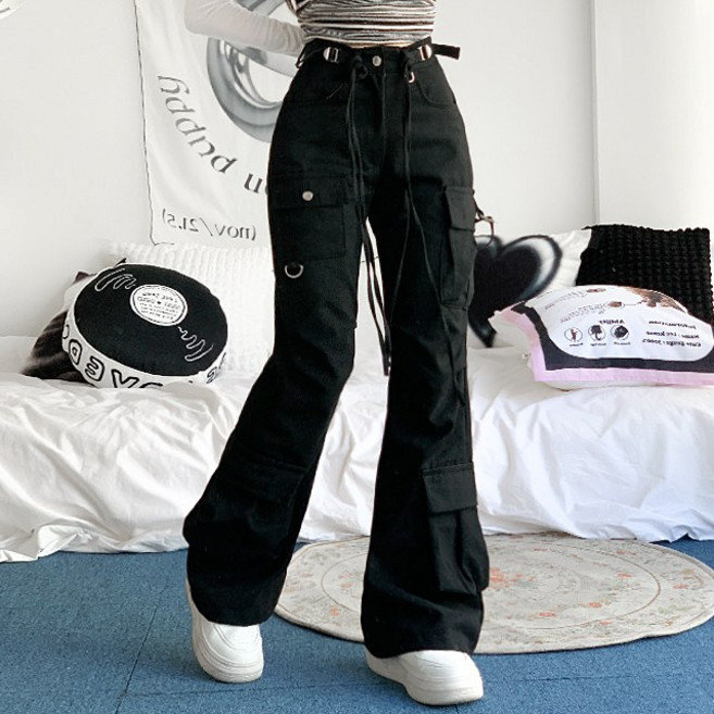 [유니크/힙무드/2col] 안토니 스트링 핀턱 롱 카고 부츠컷 팬츠