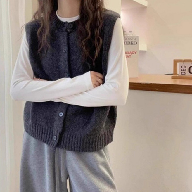 [웨일쓰]여성 니트 조끼 라운드넥 단추 조끼 민소매 베스트
