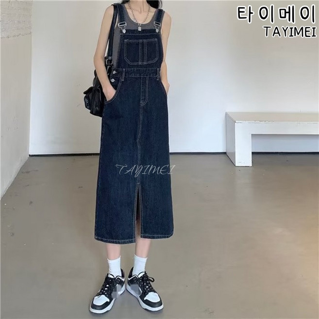 타이메이 여성용 데님 멜빵 원피스 앞 트임 캐주얼 데일리 롱 원피스