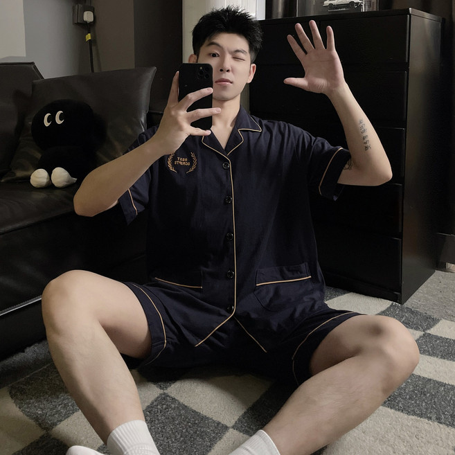 睡衣男款夏季新款純棉短袖套裝簡約舒適透氣可外穿家居服薄款