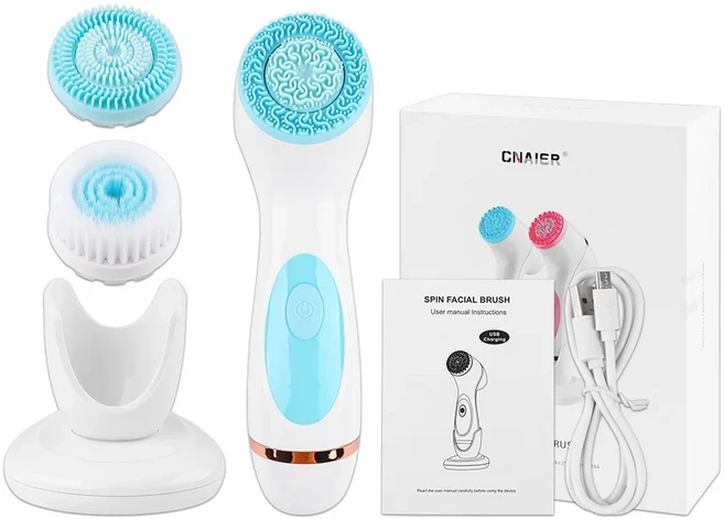 3 in 1 전동 얼굴 클렌징 브러쉬 실리콘 회전식 세안 브러쉬 딥 클렌징 브러쉬 방수 페이셜 마사지기, 01 Blue with box