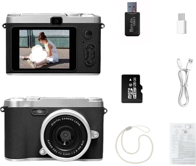 SMABAT 감성 디지털 카메라 듀얼 디지털 카메라 셀카 렌즈 내장 플래쉬 128G SD카드 포함, 블랙