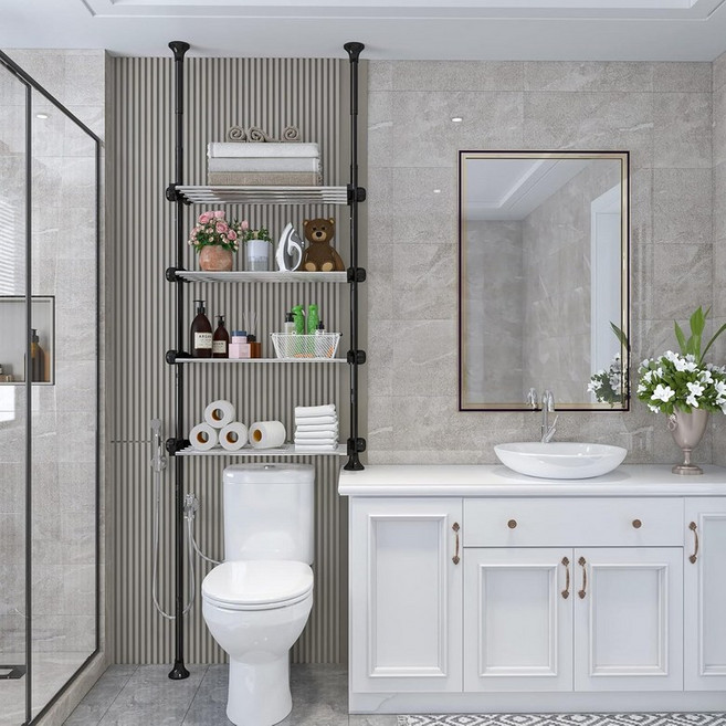 욕실 변기위에 선반 튼튼한 욕실 변기위 수납선반 4단 욕실 정리대 화장실 선반 방수 높이조절 가능 화장실용 스탠드형 수납 선반 - 변기 및 세탁기 위 전용 다층 수납 설계세면, 검정색, 1