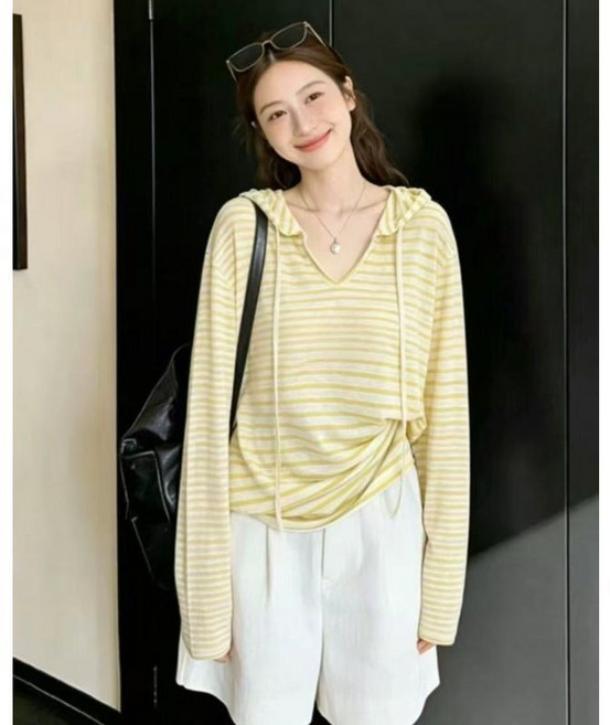韓系條紋連帽寬鬆T恤女 設計感小眾款防曬衫